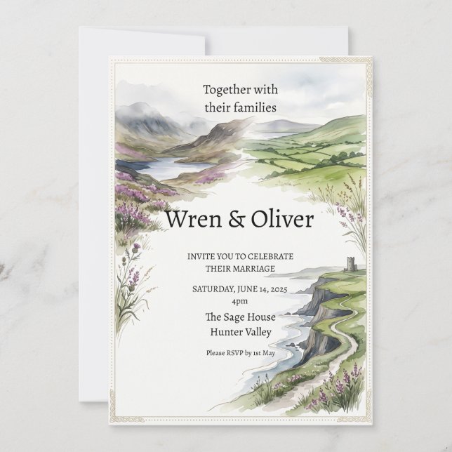 Faire-part de mariage à l'aquarelle du lac de mont (Devant)