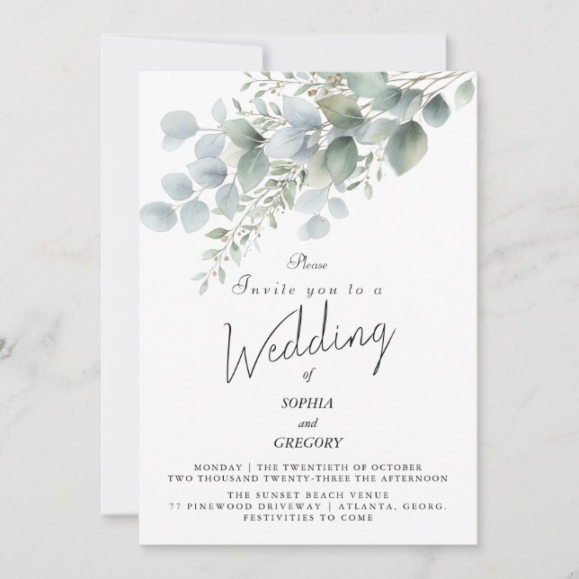 Faire-part de mariage à l'aquarelle Eucalyptus mod (Devant)