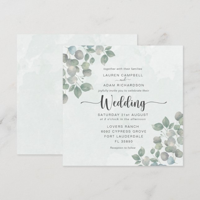 Faire-part de mariage à l'aquarelle Eucalyptus Ver (Devant / Derrière)
