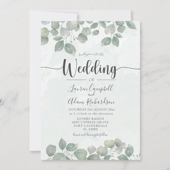 Faire-part de mariage à l'aquarelle Eucalyptus Ver (Devant)