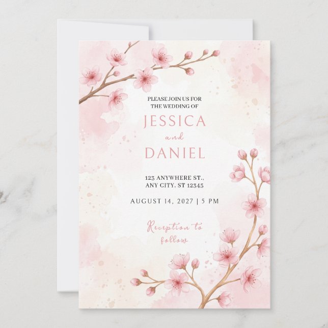 Faire-part de mariage à l'aquarelle Fleur de ceris (Devant)