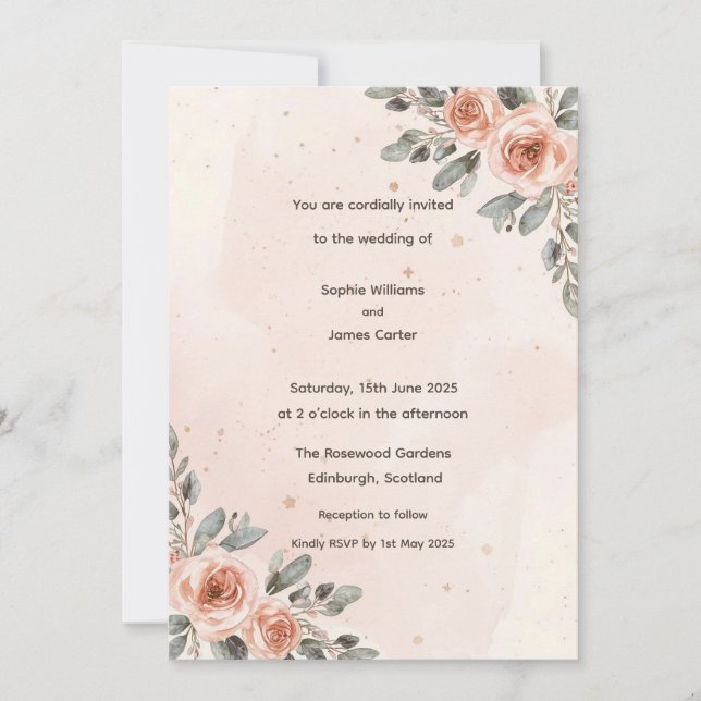 Faire-part de mariage à l'aquarelle Fleur de rose  (Devant)