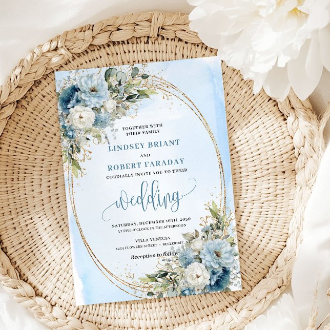 Faire-part de mariage à l'aquarelle Fleurs bleues  (Watercolor Pastel Blue Flowers Gold Wedding Invite)