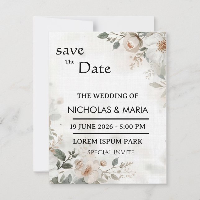 Faire-part de mariage à l'aquarelle Flora Blanc Él (Devant)
