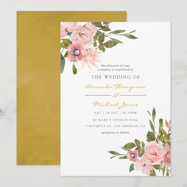 Faire-part de mariage à l'aquarelle floral rose et (Devant / Derrière)
