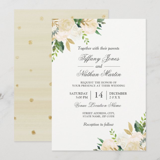 Faire-part de mariage à l'aquarelle florale dorée  (Devant / Derrière)