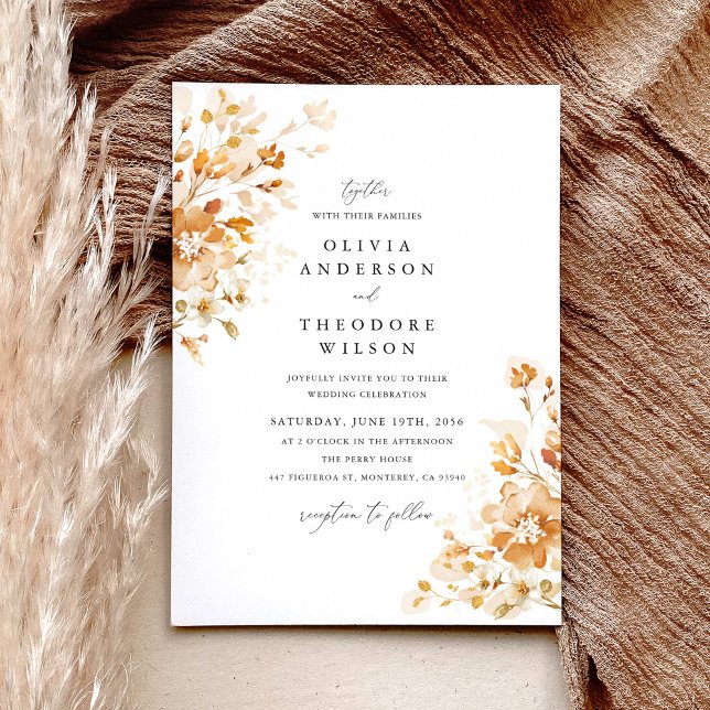 Faire-part de mariage à l'aquarelle florale élégan (Terracotta floral elegant wedding invitation with soft gold accents and classic serif typography)