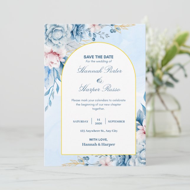 Faire-part de mariage à l'aquarelle florale or ble (Debout devant)