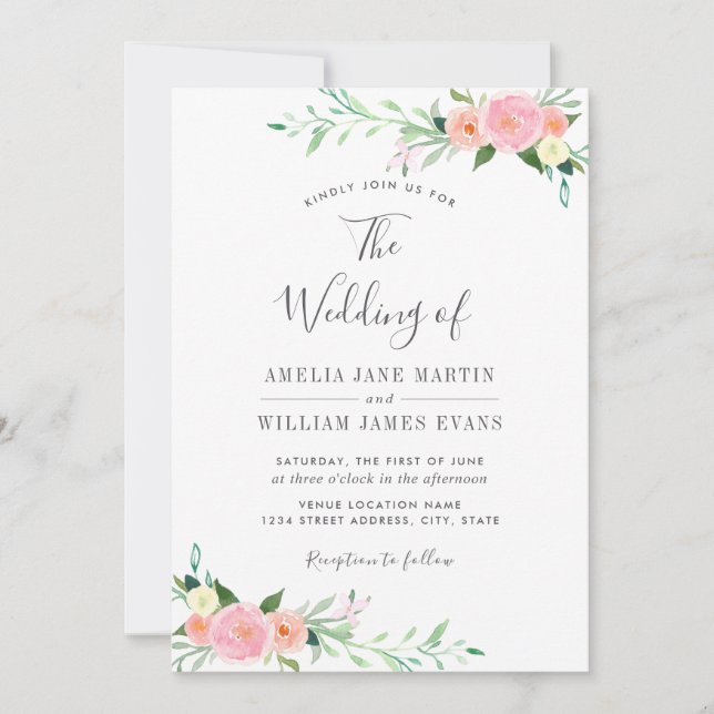 Faire-part de mariage à l'aquarelle florale Peach  (Devant)