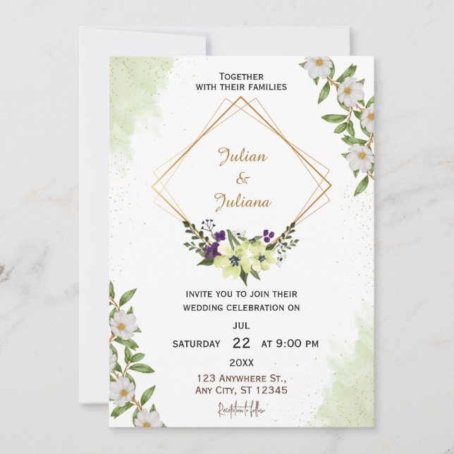 Faire-part de mariage à l'aquarelle florale verte  (Devant)