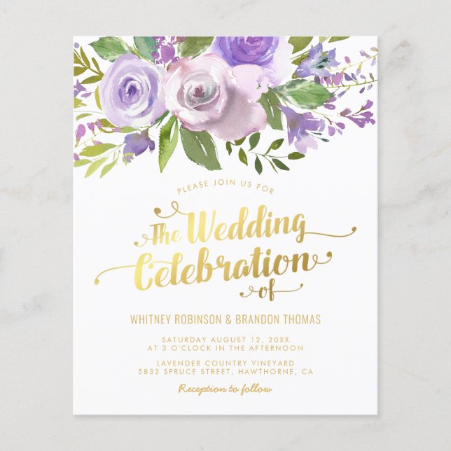 Faire-part de mariage à l'aquarelle florale violet (Devant)