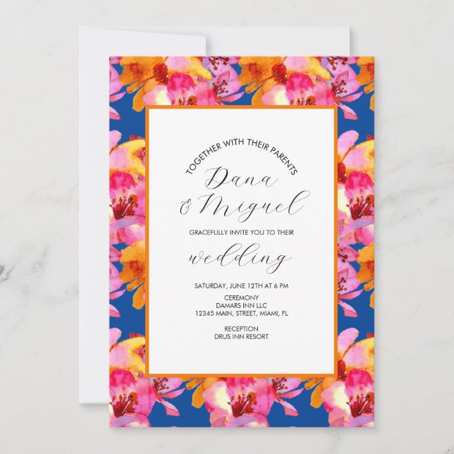 Faire-part de mariage à l'aquarelle Florales Bleu  (Devant)
