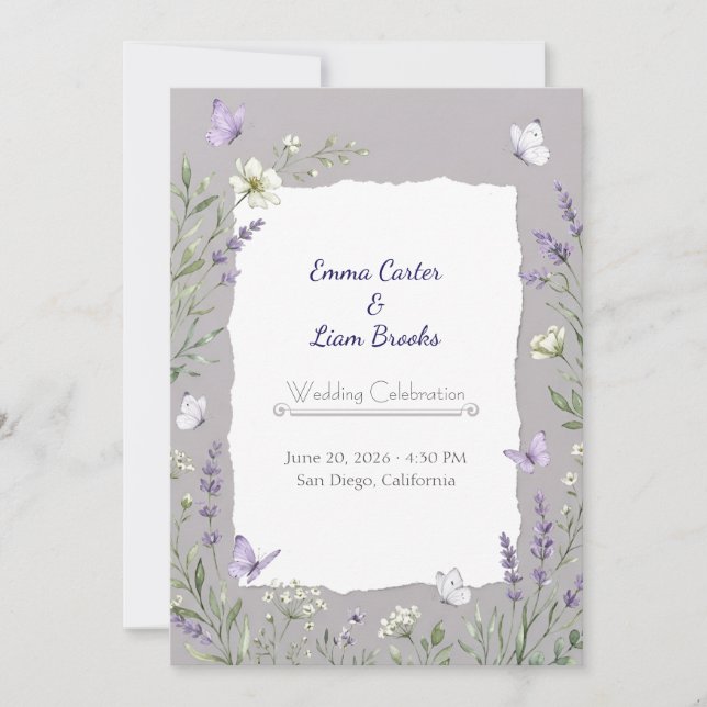 Faire-part de mariage à l'aquarelle Lavande et Pap (Devant)
