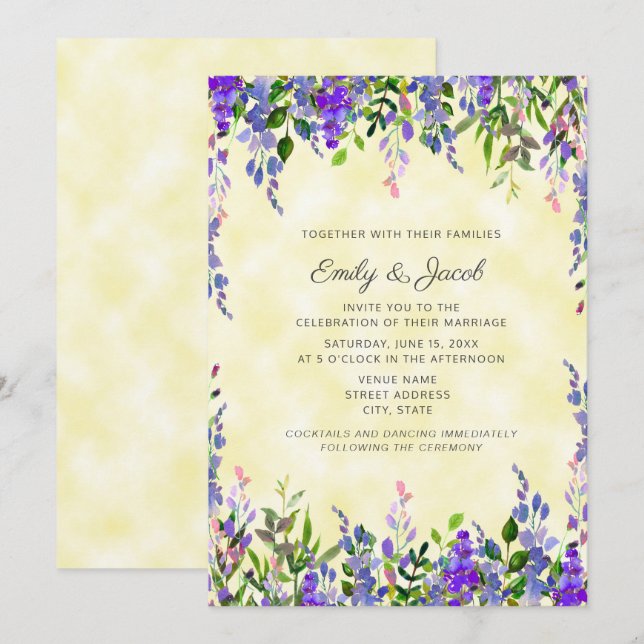 Faire-part de mariage à l'aquarelle lavande sur fo (Devant / Derrière)