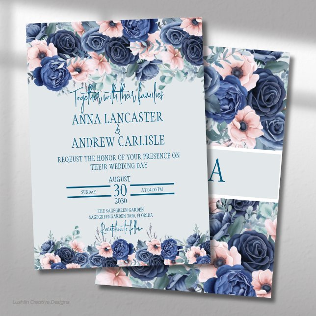 Faire-part de mariage à l'aquarelle Navy & Blush P (Créateur téléchargé)