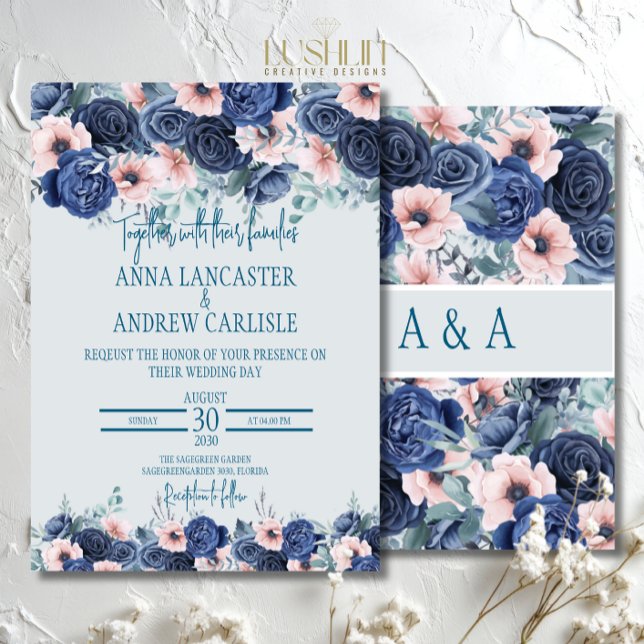 Faire-part de mariage à l'aquarelle Navy & Blush P (Créateur téléchargé)