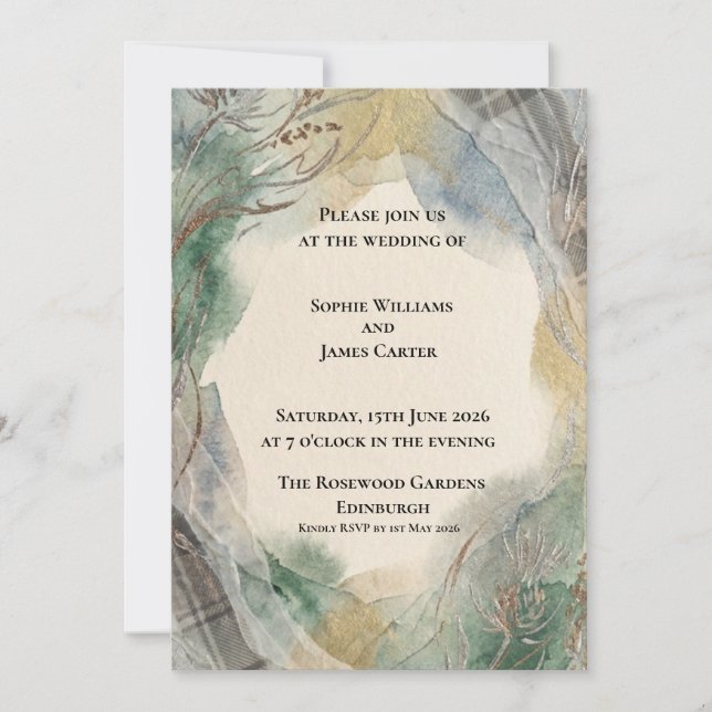 Faire-part de mariage à l'aquarelle Or Sauge (Devant)