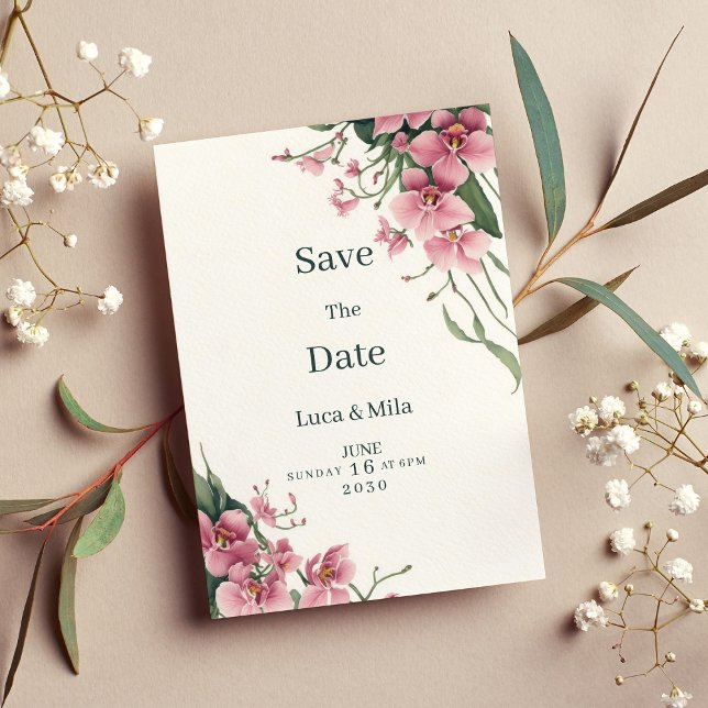 Faire-part de mariage à l'aquarelle orchidée rose  (Watercolor mint pink orchid floral Save the Date)