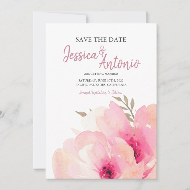 Faire-part de mariage à l'aquarelle Pivoine Rose (Devant)
