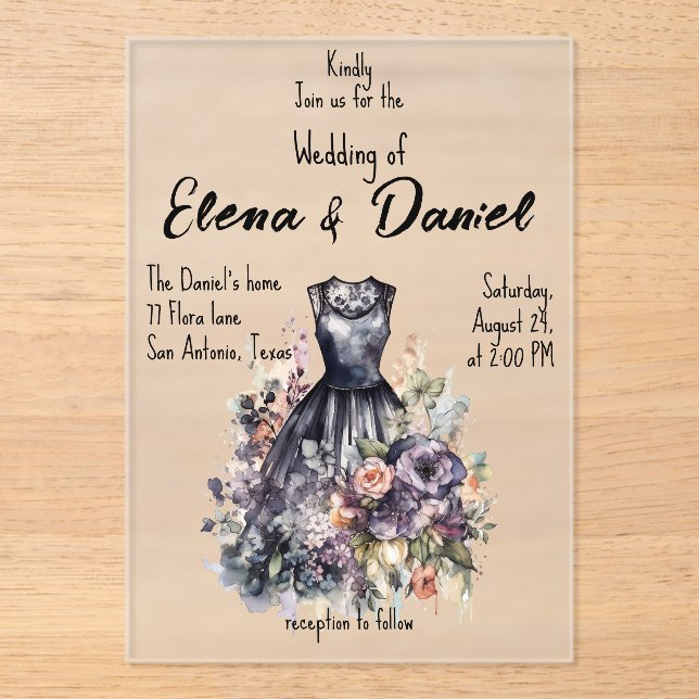 Faire-part de mariage à l'aquarelle robe noire en  (Recto)