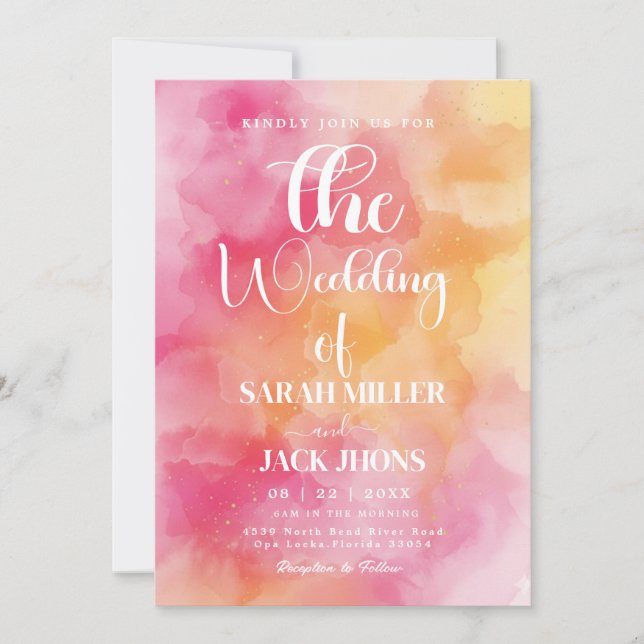 Faire-part de mariage à l'aquarelle rose chaud et  (Devant)