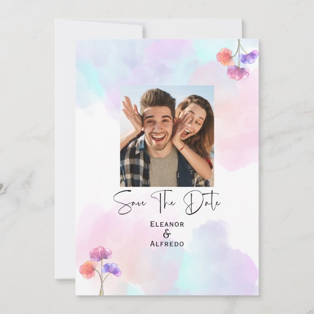 Faire-part de mariage à l'aquarelle rose et bleu é (Devant)