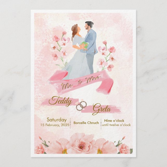 Faire-part de mariage à l'aquarelle rose et crème (Devant)