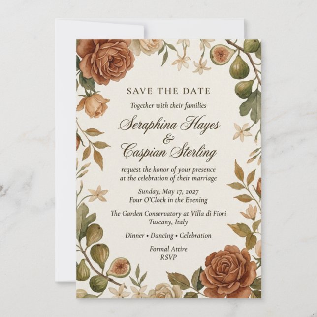 Faire-part de mariage à l'aquarelle Rose et Figue  (Devant)