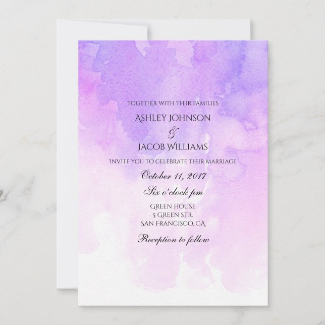Faire-part de mariage à l'aquarelle. Rose et viole (Devant)