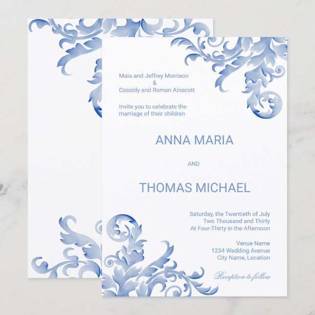 Faire-part de mariage à l'aquarelle royale bleue a (Devant / Derrière)