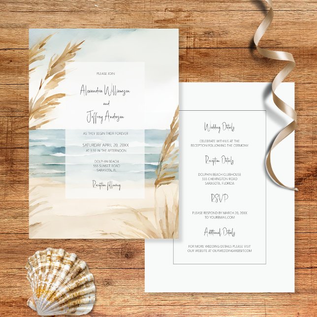 Faire-part de mariage à l'aquarelle sable et surf (Créateur téléchargé)