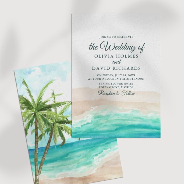 Faire-part de mariage à l'aquarelle sur la plage c (Watercolor Coastal Ocean Beach Wedding Invitation on a white table.)