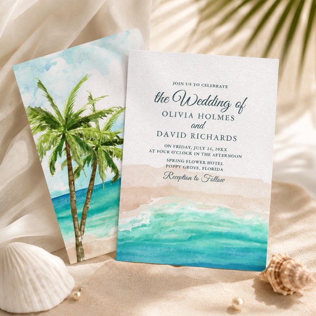 Faire-part de mariage à l'aquarelle sur la plage o (Watercolor Coastal Ocean Beach Wedding Invitation)