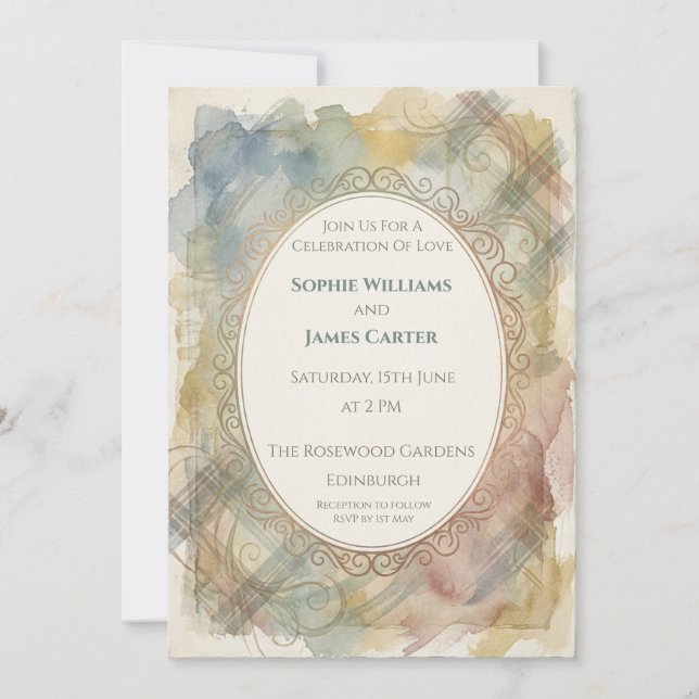 Faire-part de mariage à l'aquarelle tartan pastel (Devant)