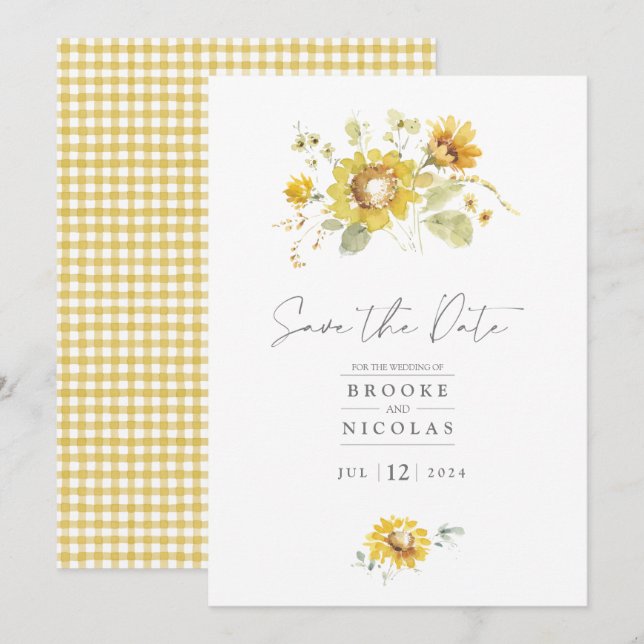 Faire-part de mariage à l'aquarelle Tournesol Jaun (Devant / Derrière)