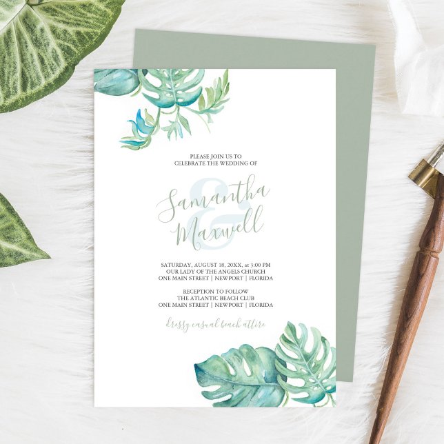 Faire-part de mariage à l'aquarelle tropicale verd (Tropical destination wedding invitation designed with watercolor monstera palm leaves)