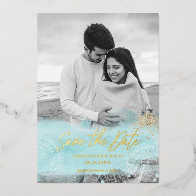 Faire-part de mariage à l'aquarelle Turquoise Côti (Recto)