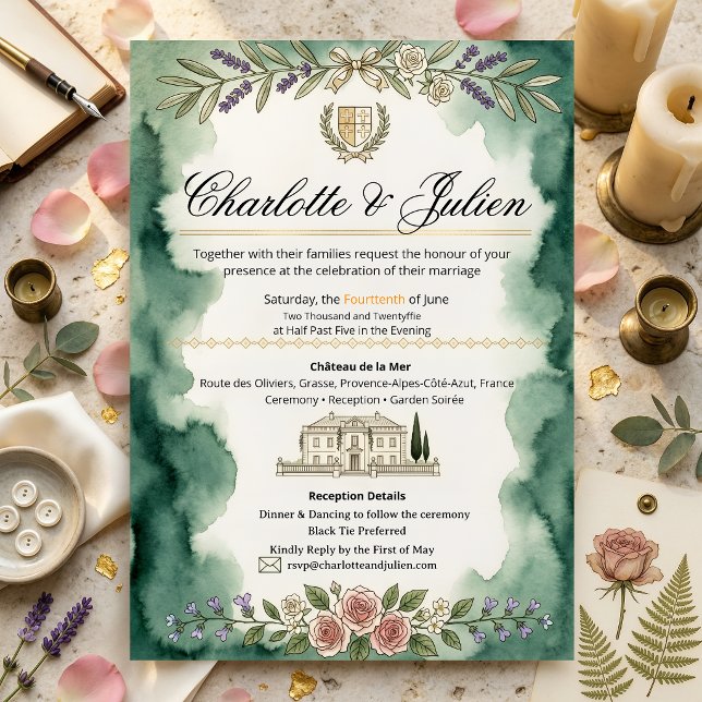 Faire-part de mariage à l'aquarelle verte Château  (Créateur téléchargé)