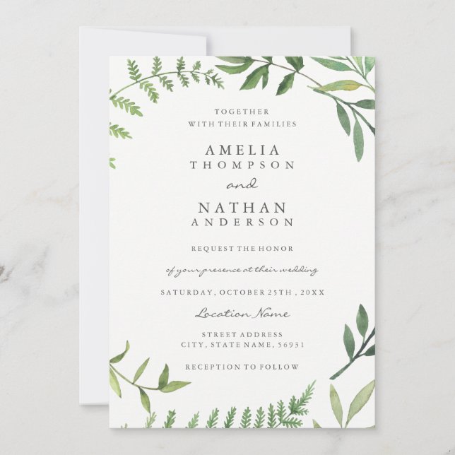 Faire-part de mariage à l'aquarelle verte feuille (Devant)