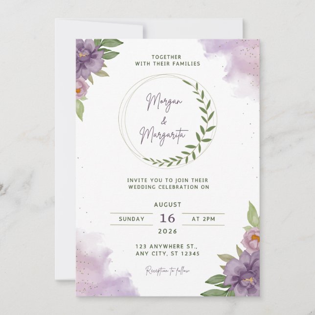 Faire-part de mariage à l'aquarelle violet et vert (Devant)