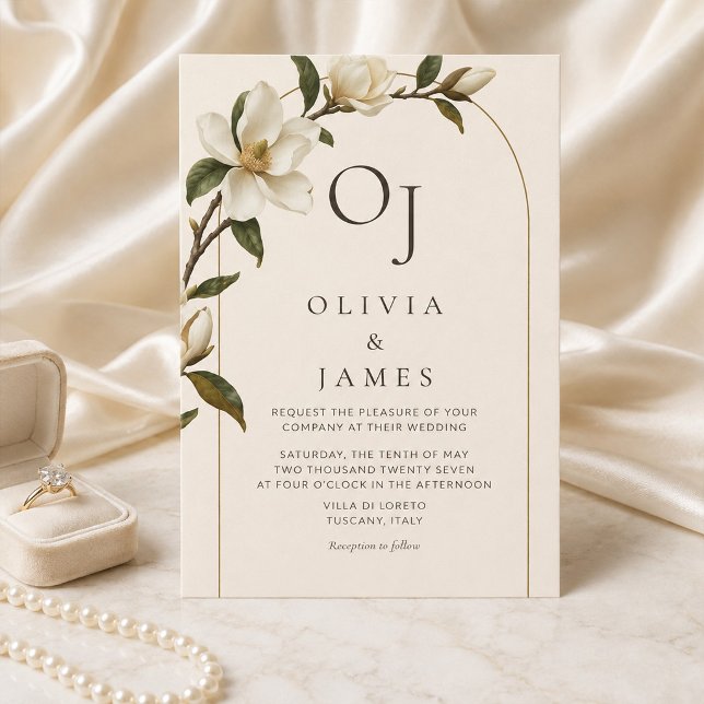 Faire-part de mariage à l'arche dorée avec magnoli (Ivory Magnolia Gold Arch Wedding Invitation)