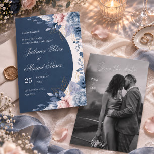 Faire-part de mariage à l'arche florale bleu pouss
