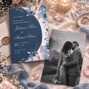 Faire-part de mariage à l'arche florale bleu pouss