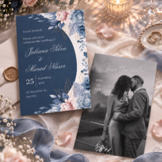 Faire-part de mariage à l'arche florale bleu pouss