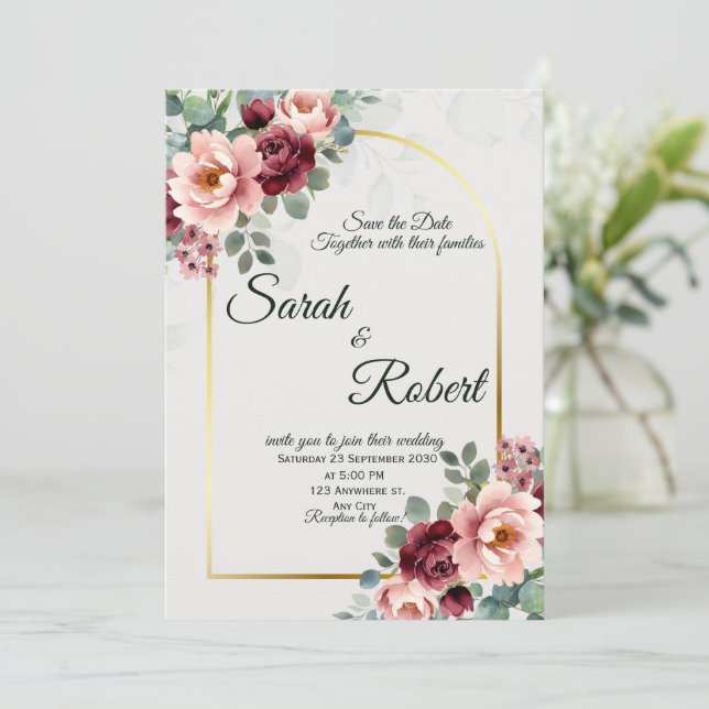 Faire-part de mariage à l'arche florale dorée avec (Debout devant)