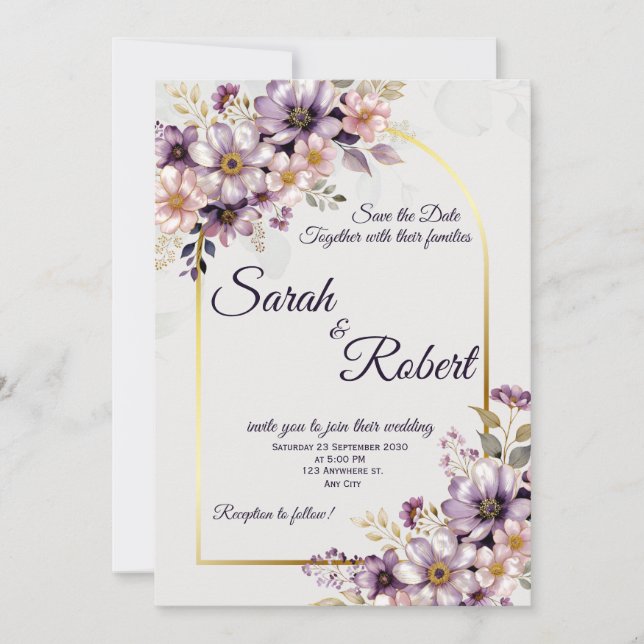 Faire-part de mariage à l'arche florale or et lava (Devant)