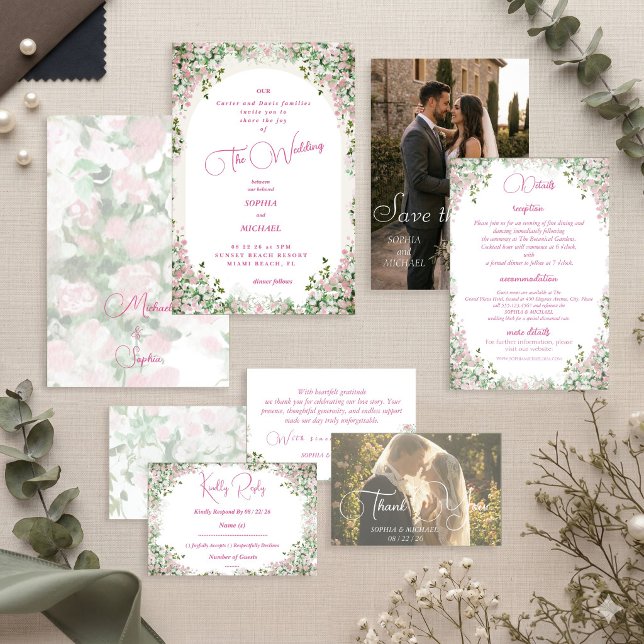 Faire-part de mariage à l'arche florale rose pouss (Créateur téléchargé)