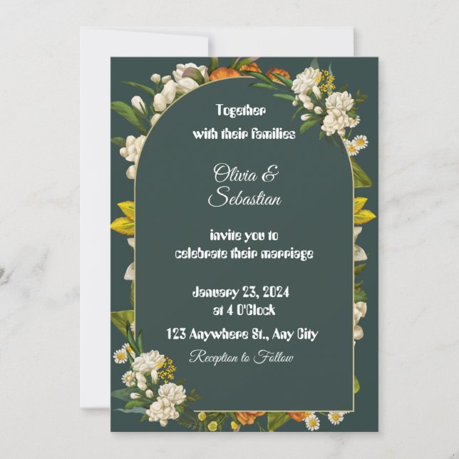 Faire-part de mariage à l'arche florale vert foncé (Devant)