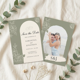Faire-part de mariage à l'arche florale vert sauge