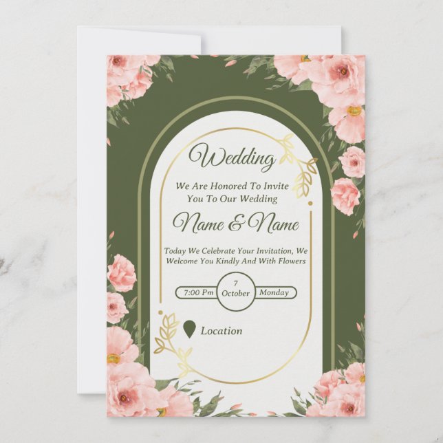 Faire-part de mariage à l'arche florale vert sauge (Devant)